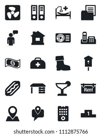 Set of vector isolated black icon - speaking man vector, office binder, desk, boot, house, bird, doctor case, hospital bed, pin, mobile tracking, folder document, phone, rent, air conditioner, fan