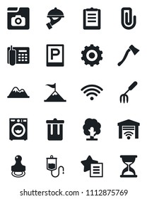 Set of vector isolated black icon - parking vector, trash bin, gear, garden fork, tree, axe, dropper, clipboard, favorites list, paper clip, office phone, stamp, mountains, washer