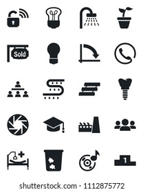 Set of vector isolated black icon - trash bin vector, shower, graduate, crisis graph, bulb, seedling, drip irrigation, hospital bed, implant, mobile camera, music, paper tray, hierarchy, phone