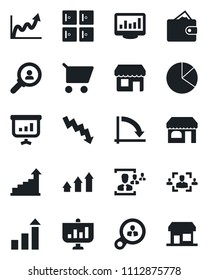 Set of vector isolated black icon - shop vector, checkroom, growth statistic, crisis graph, monitor statistics, pie, hr, consumer search, arrow up, wallet, cart, presentation, storefront
