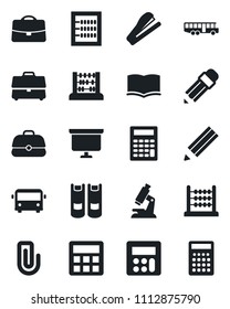 Set of vector isolated black icon - airport bus vector, book, abacus, presentation board, microscope, calculator, case, paper clip, pencil, stapler