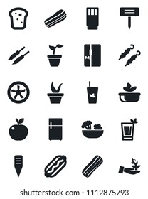 Set of vector isolated black icon - seedling vector, plant label, fridge, drink, phyto bar, salad, bacon, bread, kebab, hot dog, apple fruit, fan, palm sproute