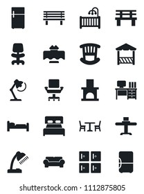 Set of vector isolated black icon - vector, bed, checkroom, office chair, desk, bench, fireplace, lamp, bedroom, children room, cushioned furniture, restaurant table, alcove, fridge