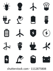 Set of vector isolated black icon - bulb vector, battery, low, protect, charge, desk lamp, windmill, power plug, energy saving
