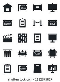 Set of vector isolated black icon - fence vector, flight table, meeting, clipboard, clapboard, presentation board, sale, rooms, sold signboard, smart home, cutting, chip