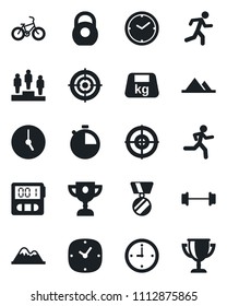 Set of vector isolated black icon - pedestal vector, medal, barbell, bike, run, heavy, clock, stopwatch, target, mountains, award cup