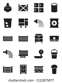 Set of vector isolated black icon - trash bin vector, checkroom, bucket, watering, railroad, truck trailer, cargo container, consolidated, package, oil barrel, heavy scales, archive box