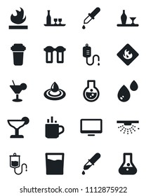 Set of vector isolated black icon - hot cup vector, dropper, flammable, monitor, alcohol, drink, cocktail, water, filter, sprinkler, flask