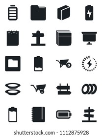 Set of vector isolated black icon - signpost vector, notepad, presentation board, wheelbarrow, battery, low, folder, charge, blank box, plates, guidepost