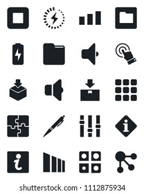 Set of vector isolated black icon - package vector, sorting, settings, touch screen, stop button, menu, folder, charge, application, pen, sound, information, social media