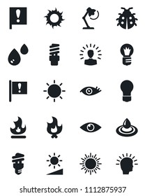 Set of vector isolated black icon - sun vector, bulb, lady bug, fire, eye, important flag, brightness, desk lamp, water, energy saving, shining head