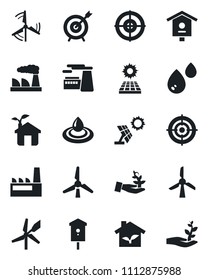 Set of vector isolated black icon - factory vector, bird house, target, sun panel, windmill, eco, water, palm sproute