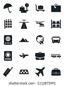 Set of vector isolated black icon - plane vector, runway, taxi, suitcase, baggage trolley, airport bus, umbrella, passport, helicopter, seat map, luggage storage, scales, globe, mountains, case