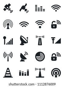 Set of vector isolated black icon - antenna vector, border cone, radar, satellite, equalizer, wireless, cellular signal, lock