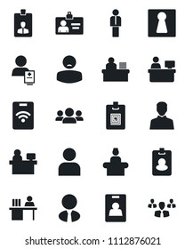 Set of vector isolated black icon - female vector, reception, manager, identity card, place, patient, user, desk, estate agent, pass, group