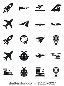 Set of vector isolated black icon - plane vector, departure, ladder car, boarding, helicopter, globe, airport building, lady bug, rocket, paper, air balloon