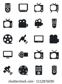 Set of vector isolated black icon - tv vector, reel, satellite, video camera, remote control, monitor