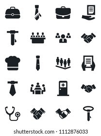 Set of vector isolated black icon - medical room vector, handshake, team, tie, document, stethoscope, meeting, cook hat, case
