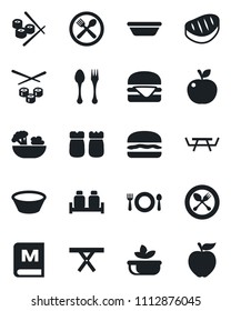 Set of vector isolated black icon - spoon and fork vector, picnic table, cafe, menu, salad, salt pepper, steak, hamburger, bowl, sushi, apple fruit