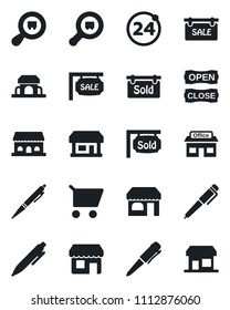 Set of vector isolated black icon - 24 around vector, shop, pen, store, search cargo, sale, sold signboard, cafe building, open close, cart, storefront