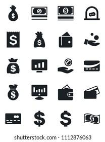 Set of vector isolated black icon - credit card vector, ticket office, dollar sign, money bag, statistic monitor, cash, receipt, wallet, investment