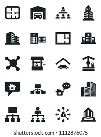 Set of vector isolated black icon - hierarchy vector, well, hospital, molecule, office building, garage, plan, home message