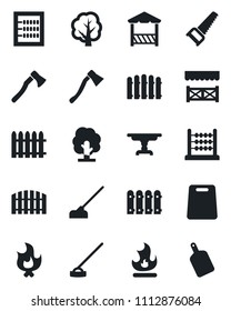 Set of vector isolated black icon - fence vector, tree, saw, fire, hoe, axe, abacus, table, alcove, cutting board