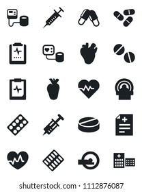 Set of vector isolated black icon - heart pulse vector, diagnosis, syringe, blood pressure, pills, blister, tomography, real, clipboard, hospital