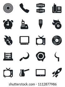 Set of vector isolated black icon - alarm clock vector, tv, abacus, stamp, sickle, plant label, vinyl, flame disk, radio phone, call, open close, turkish coffee, rocket