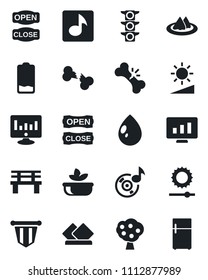 Set of vector isolated black icon - pennant vector, statistic monitor, water drop, bench, broken bone, traffic light, low battery, brightness, music, fruit tree, serviette, salad, open close, fridge