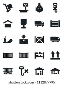 Set of vector isolated black icon - railroad vector, sea shipping, cargo container, car delivery, fragile, warehouse storage, up side sign, no hook, package, heavy scales, rack