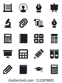 Set of vector isolated black icon - contract vector, book, calculator, graduate, notepad, presentation board, pencil, microscope, copybook, paper clip, abacus, ink pen, shining head