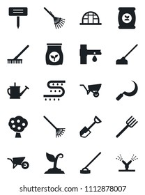 Set of vector isolated black icon - shovel vector, farm fork, rake, watering can, wheelbarrow, sproute, hoe, sickle, plant label, greenhouse, fertilizer, drip irrigation, fruit tree