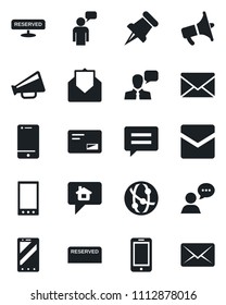 Set of vector isolated black icon - mobile phone vector, speaking man, mail, loudspeaker, network, cell, speaker, paper pin, message, reserved, home