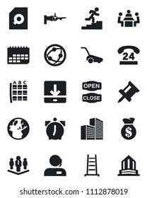 Set of vector isolated black icon - boarding vector, seat map, ladder, lawn mower, 24 hours, term, network, alarm, download, drawing pin, office building, document search, support, meeting, career