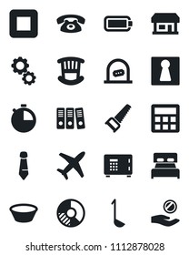 Set of vector isolated black icon - female vector, ticket office, safe, tie, circle chart, saw, store, plane, stop button, calculator, stopwatch, battery, paper binder, bedroom, children room, phone