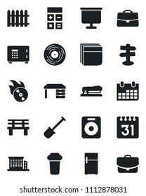 Set of vector isolated black icon - safe vector, calculator, desk, calendar, shovel, fence, bench, signpost, vinyl, flame disk, speaker, case, presentation board, blank box, stapler, office building
