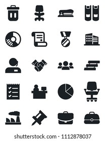 Set of vector isolated black icon - office chair vector, book, medal, manager place, factory, circle chart, contract, drawing pin, pie graph, support, checklist, paper tray, handshake, stapler, case