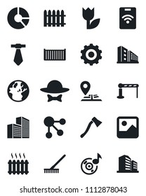 Set of vector isolated black icon - barrier vector, gear, circle chart, fence, rake, axe, navigation, cargo container, tulip, gallery, music, office building, heater, dress code, pass card, earth