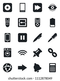 Set of vector isolated black icon - washer vector, right arrow, mobile phone, pen, remote control, chain, paper pin, low battery, pause button, fast forward, rec, bell, scanner, network, wireless