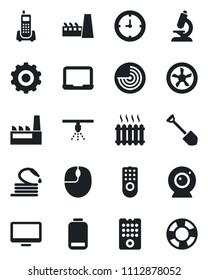 Set of vector isolated black icon - radar vector, gear, mouse, notebook pc, job, hose, microscope, office phone, clock, monitor, low battery, heater, factory, fan, remote control, web camera