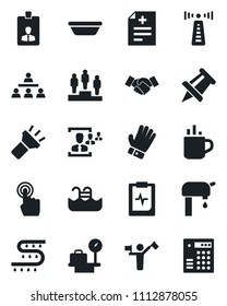Set of vector isolated black icon - dispatcher vector, antenna, hot cup, luggage scales, handshake, identity card, pedestal, drawing pin, glove, drip irrigation, diagnosis, pulse clipboard, torch