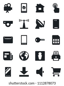 Set of vector isolated black icon - satellite antenna vector, male, house, earth, news, video camera, touch screen, mobile, phone back, sim, download, printer, mail, key, web, home control app, cart