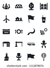 Set of vector isolated black icon - taxi vector, airport bus, barrier, baby, luggage storage, desk, sickle, themes, office chair, meeting, house with tree, sun panel, fruit, sale, cafe, phyto bar