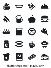 Set of vector isolated black icon - spoon and fork vector, coffee, pumpkin, pills bottle, dish, menu, drink, beer, salad, plates, bacon, bread, dress code, ham, hamburger, hot dog, rolling pin