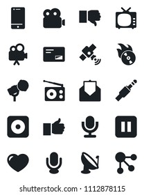 Set of vector isolated black icon - satellite antenna vector, flame disk, microphone, radio, tv, video camera, cell phone, finger up, down, heart, mail, pause button, rec, jack connector