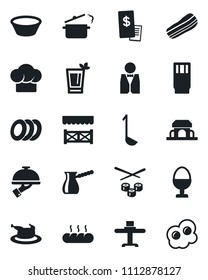Set of vector isolated black icon - waiter vector, restaurant table, cook hat, drink, phyto bar, plates, bacon, egg stand, bread, cafe building, alcove, receipt, chicken, ladle, bowl, steaming pan