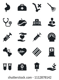Set of vector isolated black icon - medical room vector, rake, bird house, heart pulse, doctor case, stethoscope, syringe, blood test vial, pills blister, tomography, hand, stomach, broken bone