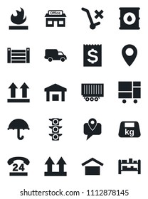 Set of vector isolated black icon - pin vector, store, traffic light, 24 hours, mobile tracking, truck trailer, car delivery, receipt, container, consolidated cargo, umbrella, warehouse storage