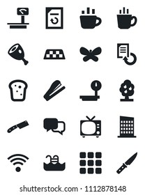 Set of vector isolated black icon - taxi vector, tv, coffee, document reload, butterfly, heavy scales, dialog, menu, stapler, pool, fruit tree, wireless, city house, bread, ham, knife